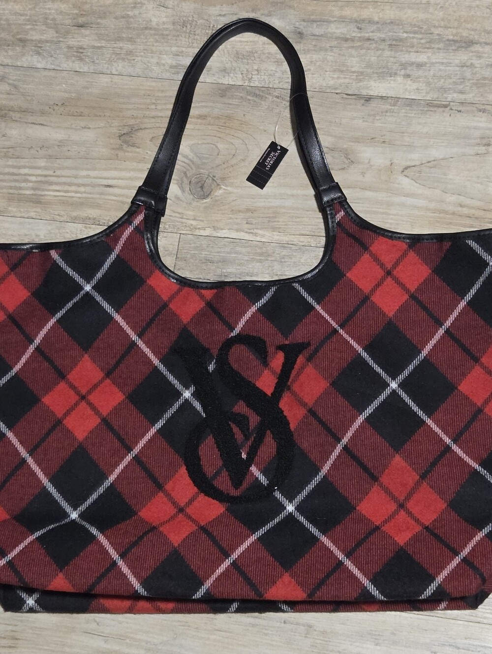 Victoria's Secret Red & Black Plaid Holiday Tote Bag VS Monogram NWT